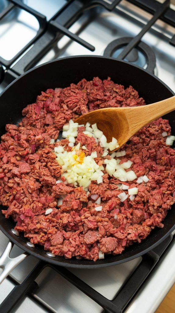 Ground beef browning in a skillet with diced onions and minced garlic