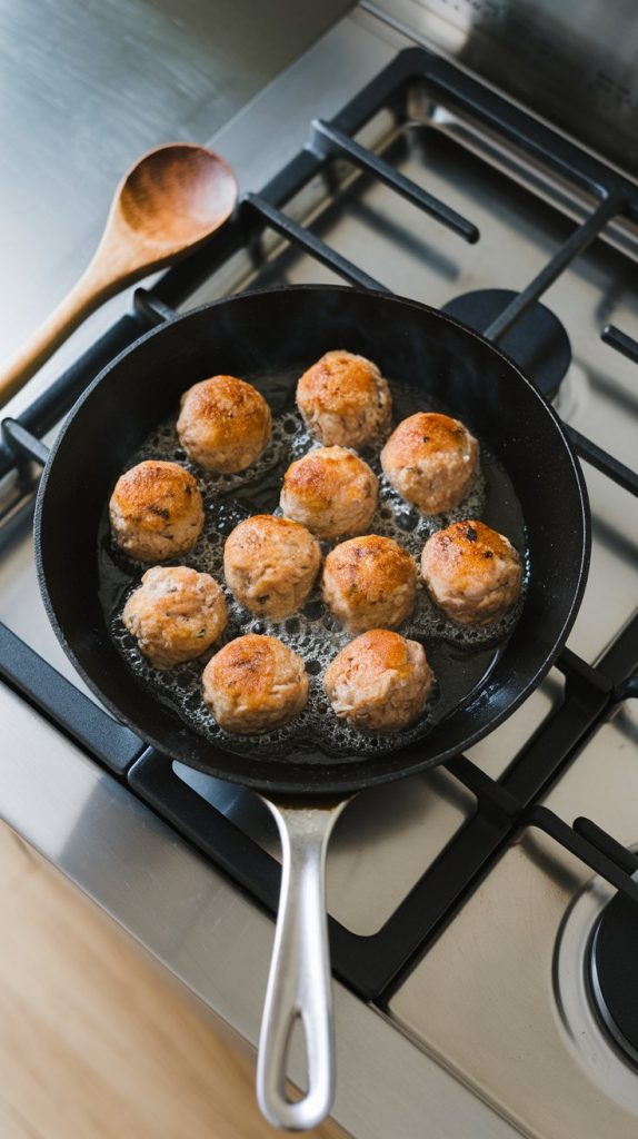 A skillet with golden-brown meatballs sizzling in olive oil