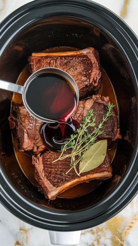 Beef broth, red wine, and tomato paste being poured over browned short ribs in a slow cooker