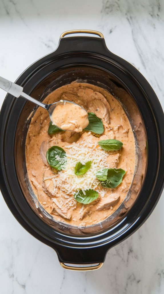 Parmesan cheese being stirred into a creamy chicken sauce in a slow cooker