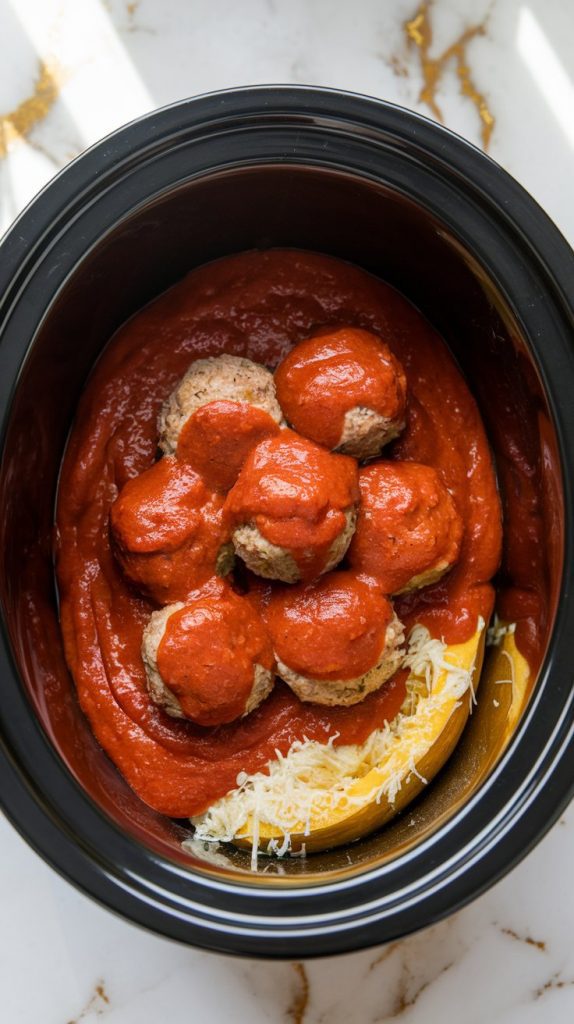 a slow cooker filled with marinara sauce, meatballs nestled on top, and more sauce poured over them