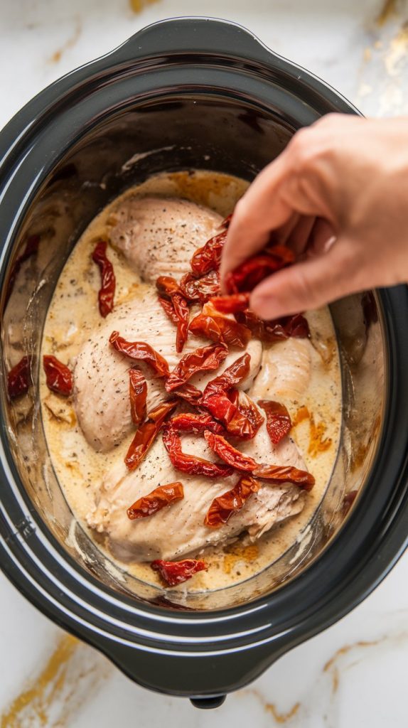 sliced sun-dried tomatoes being sprinkled into a slow cooker filled with creamy chicken and sauce