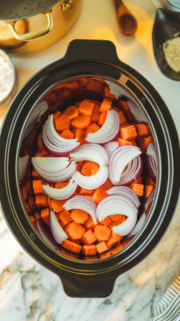 a slow cooker filled with a layer of sliced onions and chunky carrot pieces