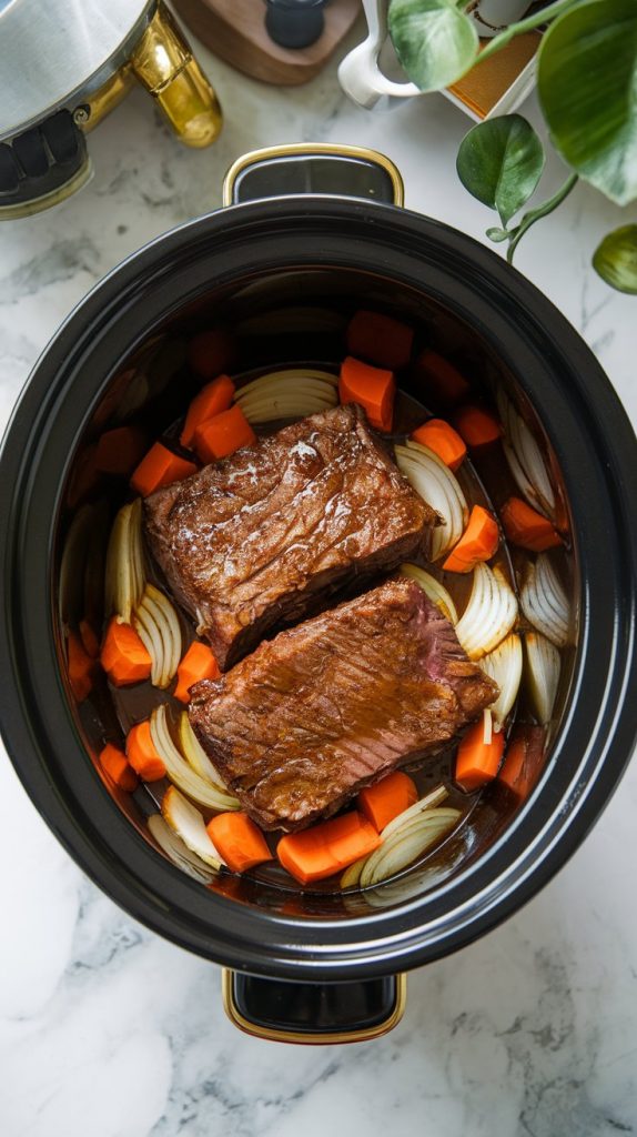 a slow cooker filled with browned short ribs placed on top of onions and carrots, covered in a dark beer sauce