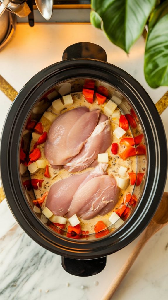 a slow cooker filled with raw chicken breasts, diced veggies, and a creamy soup mixture