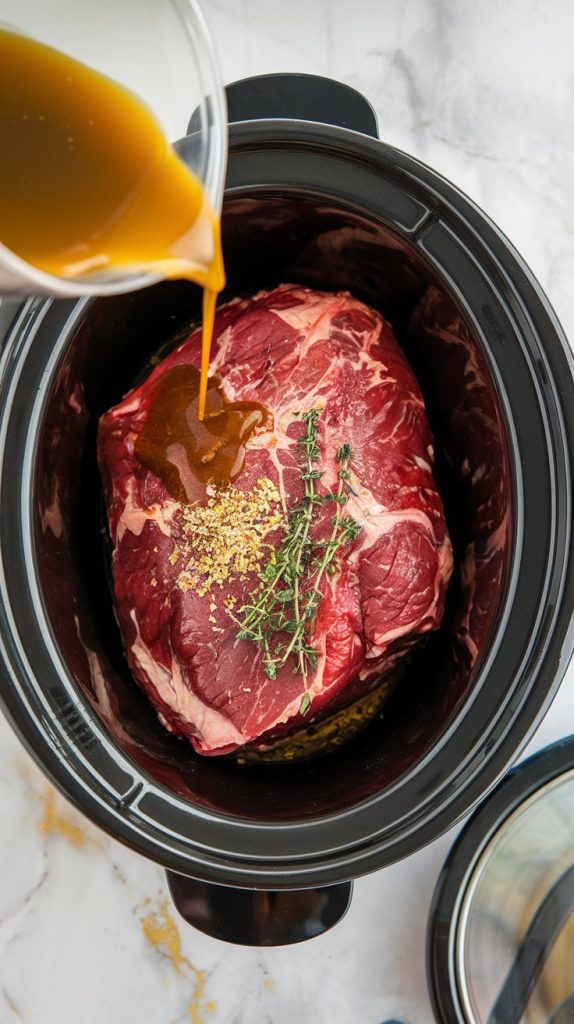 a slow cooker filled with a raw beef chuck roast, sprinkled with onion soup mix, garlic powder, and thyme