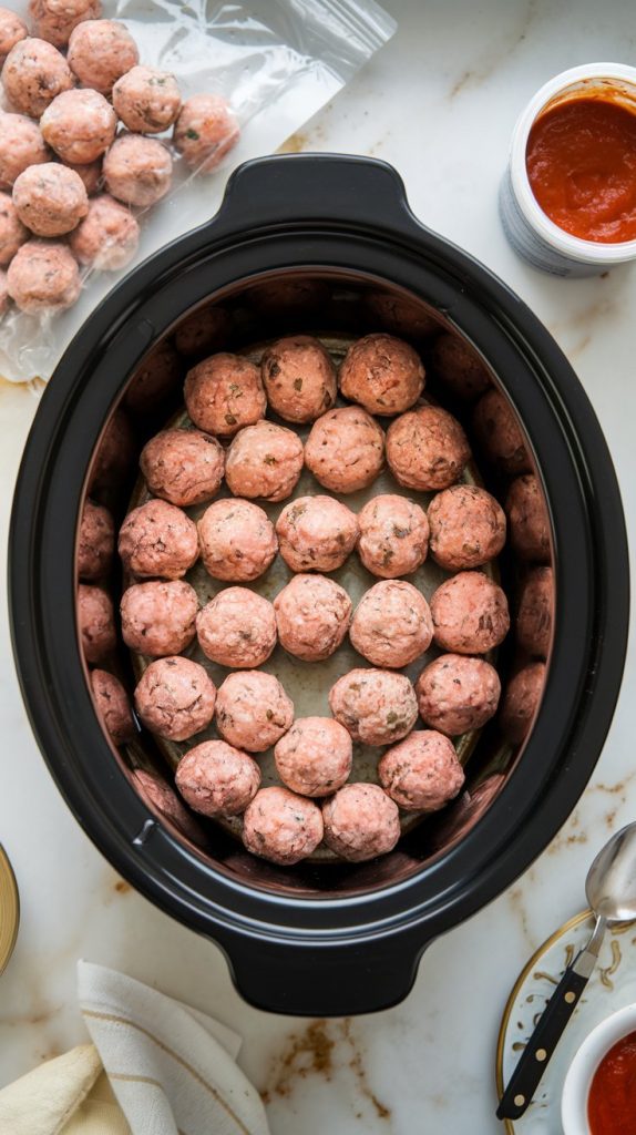 a slow cooker with frozen meatballs arranged in an even layer