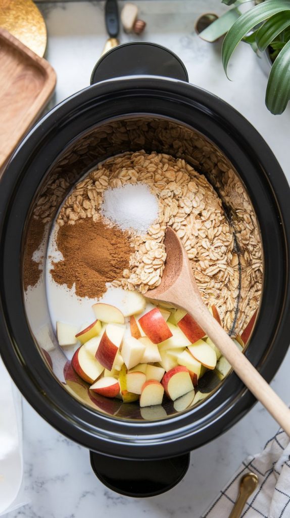 All ingredients (steel-cut oats, almond milk, water, diced apples, brown sugar, cinnamon, nutmeg, salt, vanilla extract) in a slow cooker