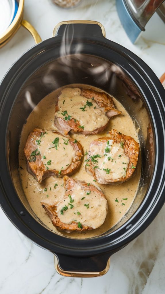 a slow cooker with cooked pork chops smothered in creamy gravy, steam rising slightly