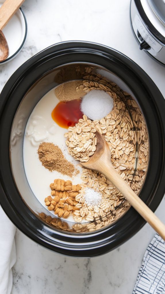 A slow cooker with steel-cut oats, water, milk, cream, brown sugar, vanilla, cinnamon