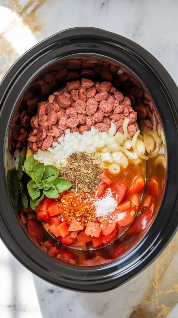 A top-down shot of a slow cooker filled with browned, crumbled sausage, sautéed onions, garlic, chicken broth