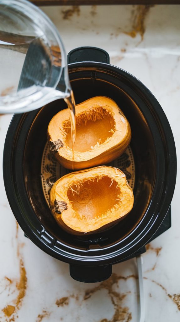 the slow cooker with two spaghetti squash