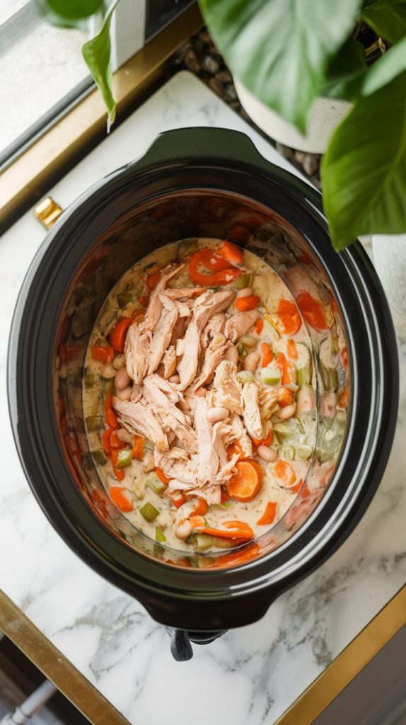 shredded chicken being stirred back into a creamy veggie mixture inside a slow cooker