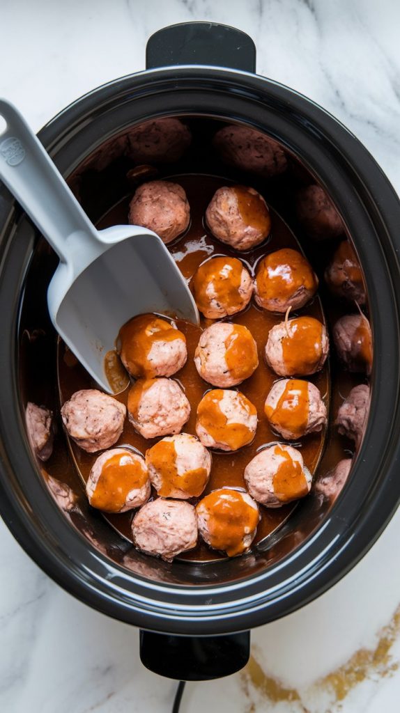 a slow cooker with frozen meatballs covered in a thick honey BBQ sauce