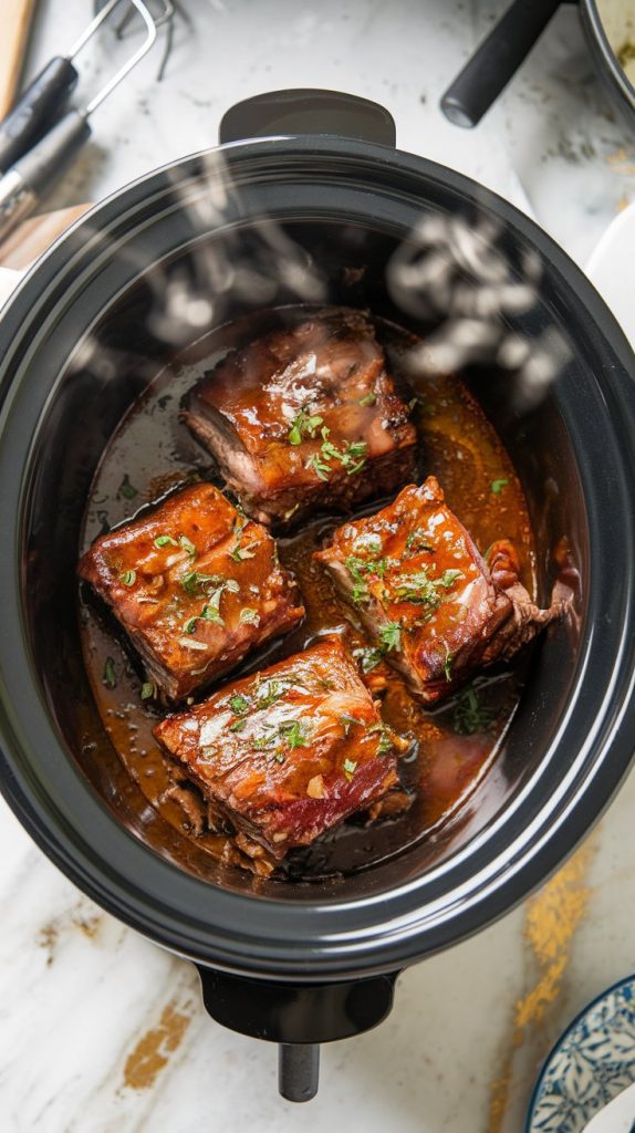 A slow cooker with garlic herb short ribs simmering in a rich, glossy sauce