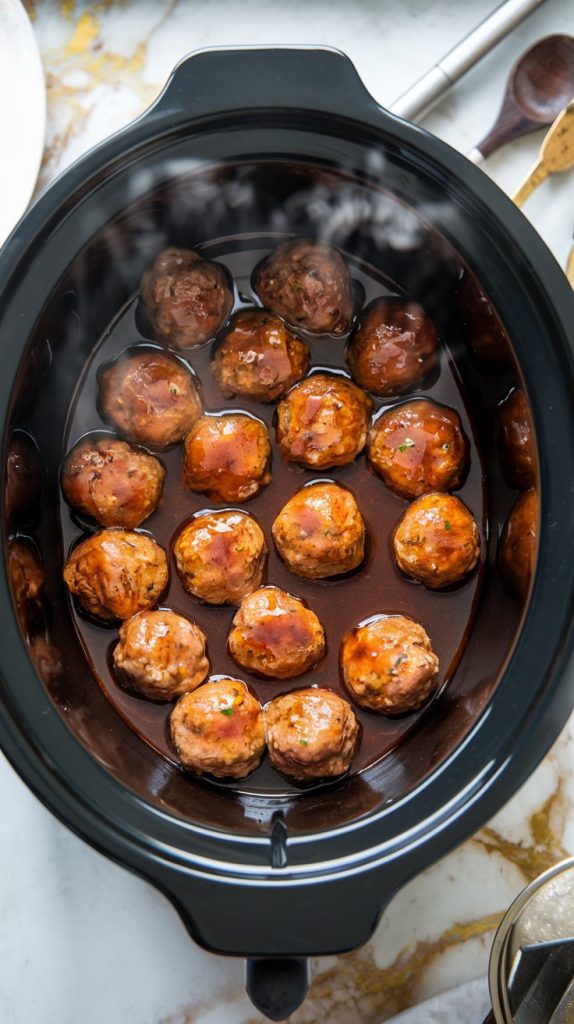 a slow cooker with meatballs simmering in a thick, glossy honey BBQ sauce