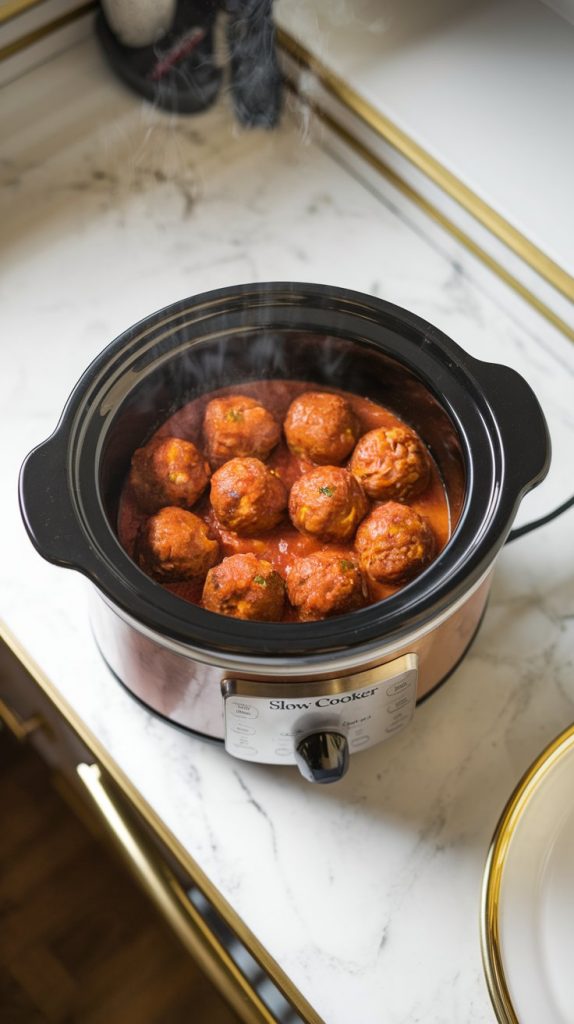 A slow cooker with simmering meatballs in tomato sauce, steam rising