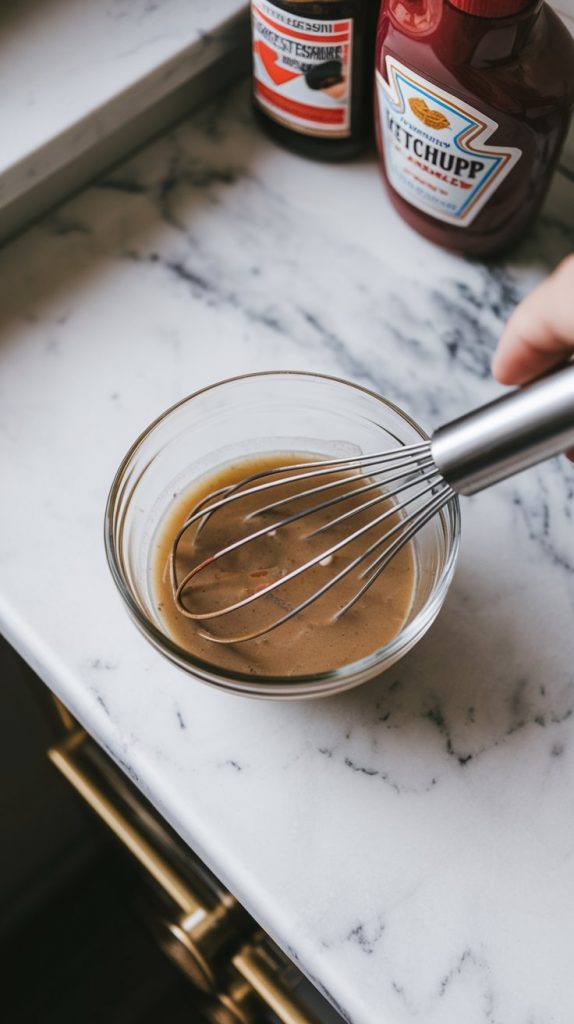 a small bowl with beef broth and gravy ingredients being whisked together