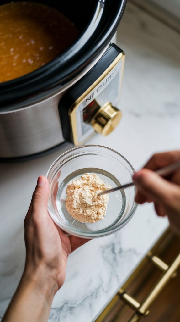 Cornstarch and water being mixed in a small glass bowl