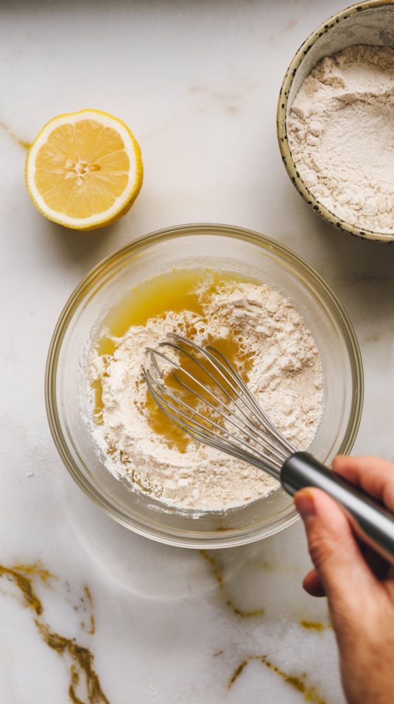 A small glass bowl filled with lemon juice, chicken broth, and flour being whisked together with a small whisk