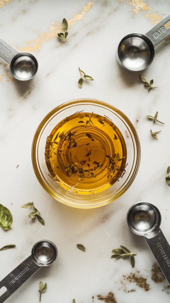 a small glass bowl filled with a vibrant olive oil, lemon, and herb marinade