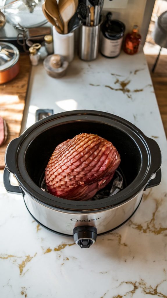 A spiral-cut ham placed in a large Crockpot