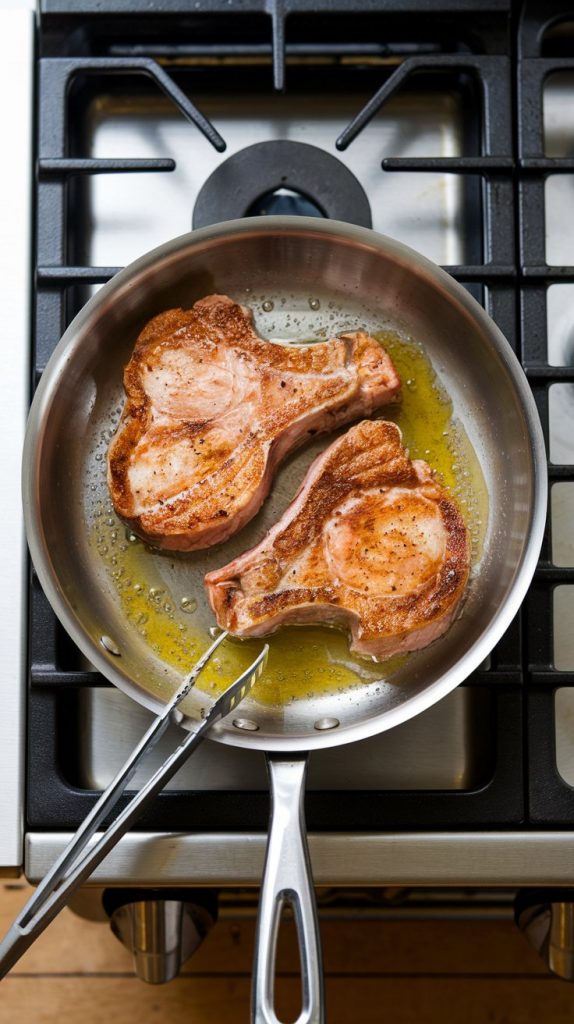 A skillet with two pork chops searing, golden edges sizzling in olive oil, with tongs in the scene