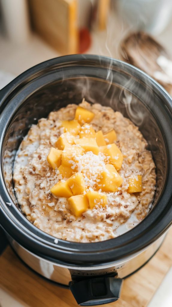 A steaming crockpot filled with creamy tropical oatmeal