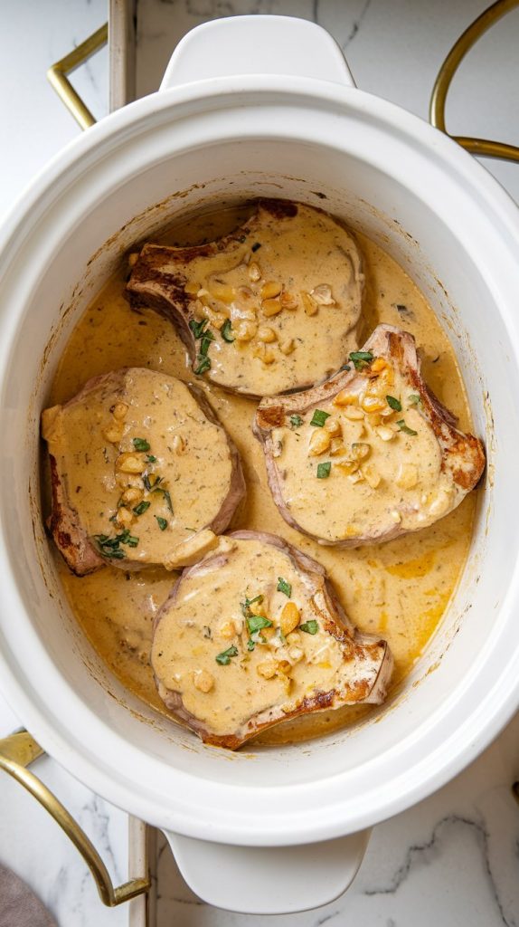 Pork chops arranged in a white crockpot, covered in creamy sauce with flecks of garlic and paprika visible