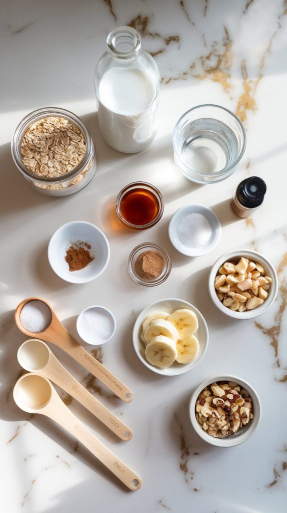 a white marble counter with hints of gold, featuring ingredients for maple brown sugar oatmeal