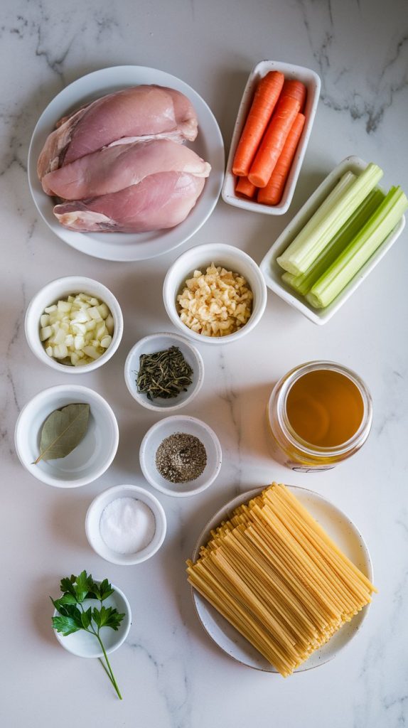 fresh chicken breasts, sliced carrots, celery stalks, diced yellow onion, minced garlic, a bay leaf