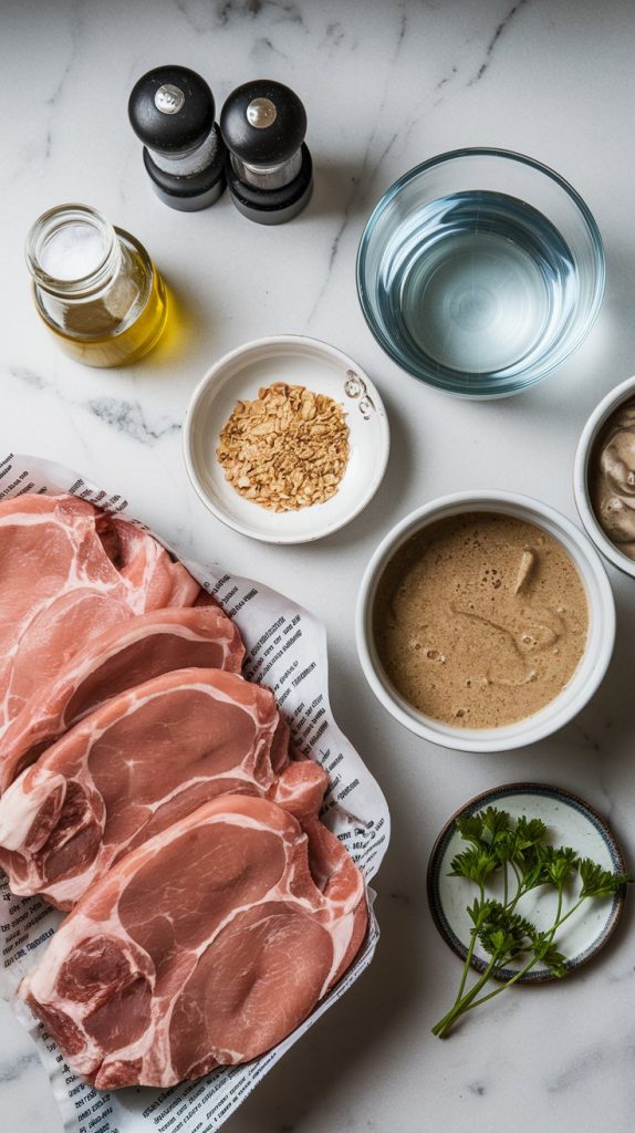 the ingredients: 4 fresh pork chops on butcher paper, cans of French onion soup, a can of cream of mushroom soup