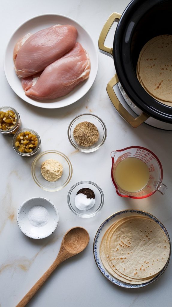 all the ingredients for Crockpot Chicken Tacos: raw chicken breasts, two cans of green chiles, taco seasoning packet