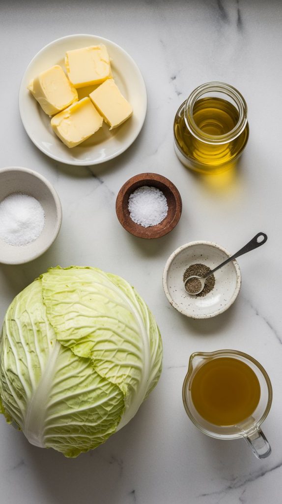 A collection of fresh ingredients for buttered crockpot cabbage