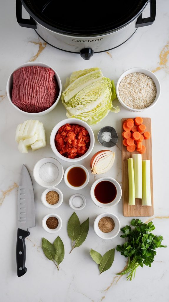 all the ingredients for Crockpot Cabbage Roll Soup