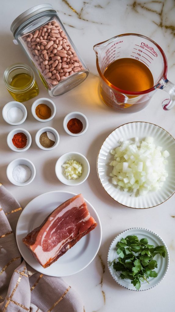 an image of 2 cups dried pinto beans, a smoked ham hock (or 2 smoked turkey legs), chicken broth in a measuring cup