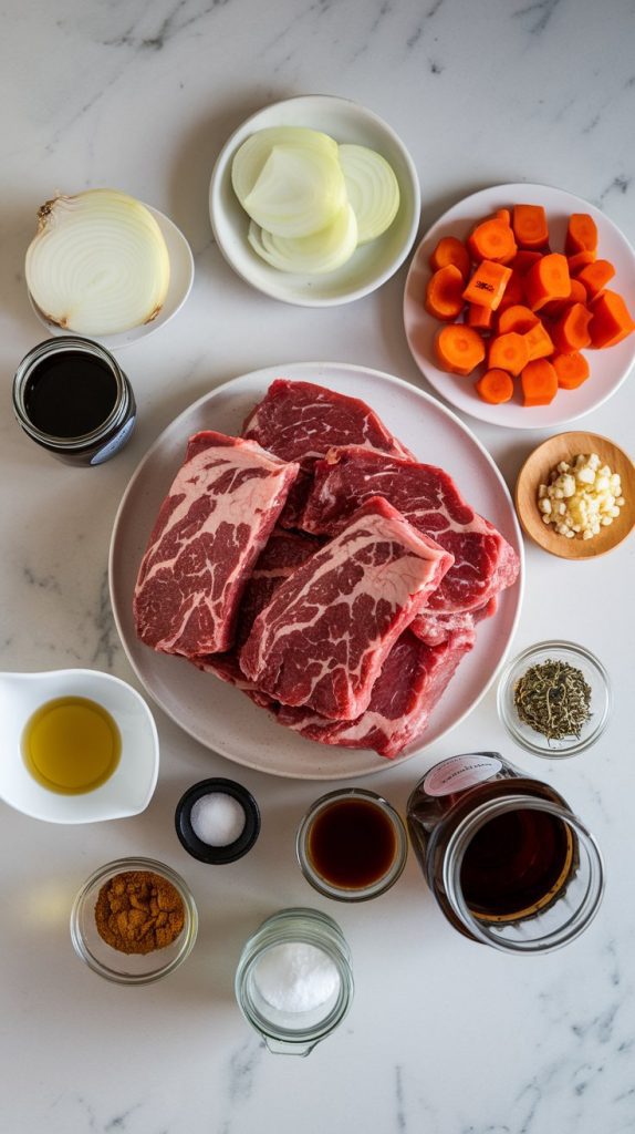 all ingredients for beer-braised short ribs