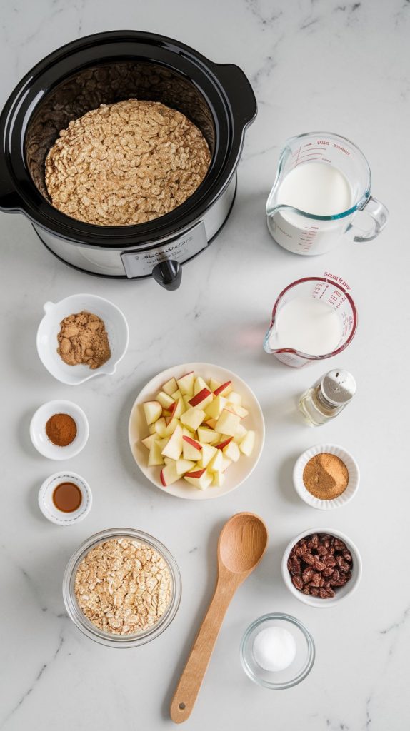 all the ingredients listed above (steel-cut oats, almond milk, water, diced apples, brown sugar, cinnamon, nutmeg, salt, vanilla extract)