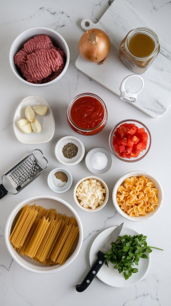 all the ingredients for Crockpot Ground Beef and Pasta