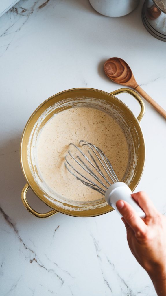 a mixing bowl filled with a creamy soup mixture being whisked