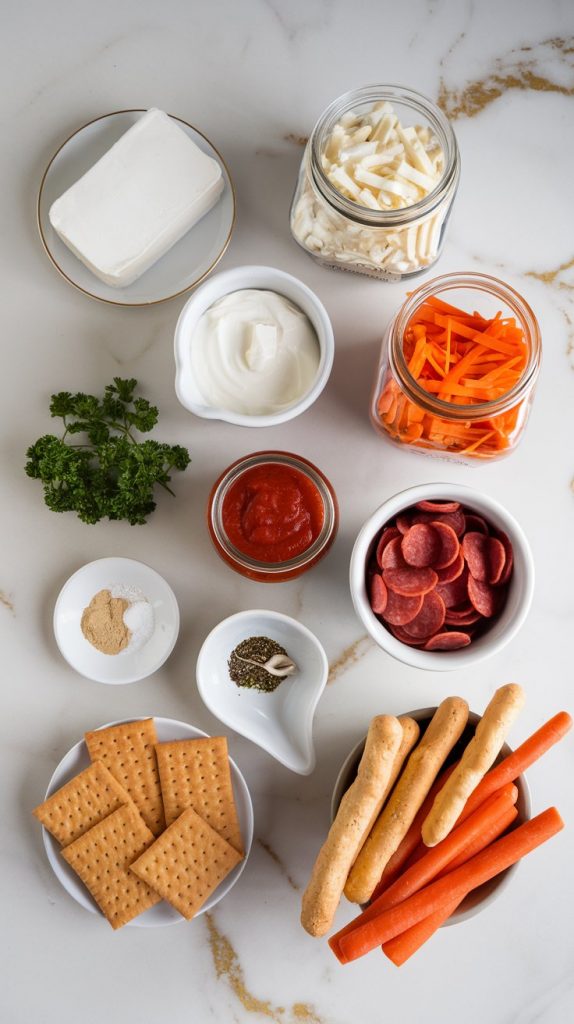 ingredients for crockpot pizza dip: a block of cream cheese, sour cream in a small bowl, shredded mozzarella