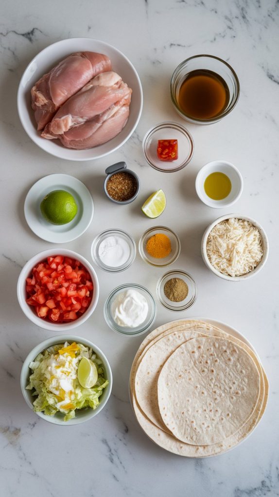 all the ingredients for crockpot chicken tacos and rice