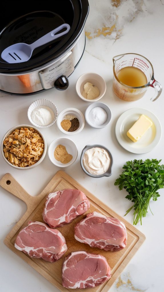 all ingredients for crockpot pork chops with stuffing