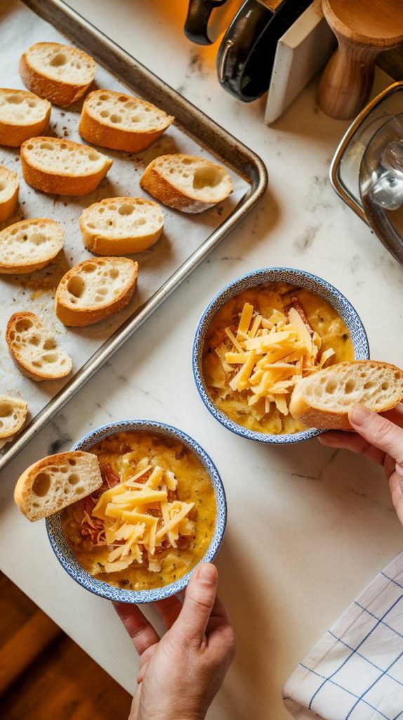 Toasted baguette slices on a baking sheet and broiler-safe bowls of soup