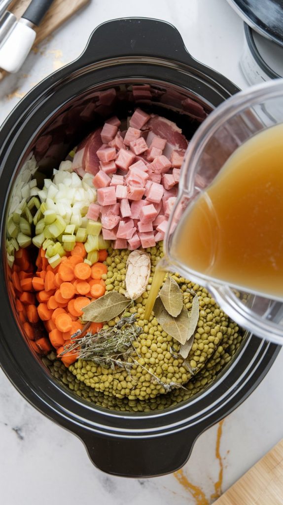 Chicken broth being poured into a crockpot filled with vegetables, ham, and split peas