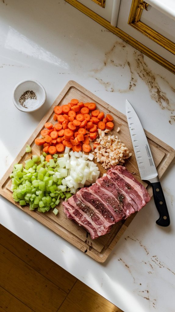 chopped carrots, celery, onions, and garlic arranged on a wooden cutting board