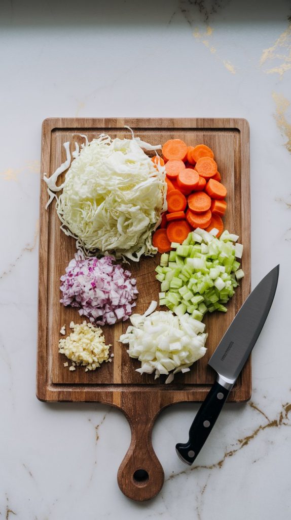 A wooden cutting board with shredded cabbage, sliced carrots, diced celery, diced onion, and minced garlic