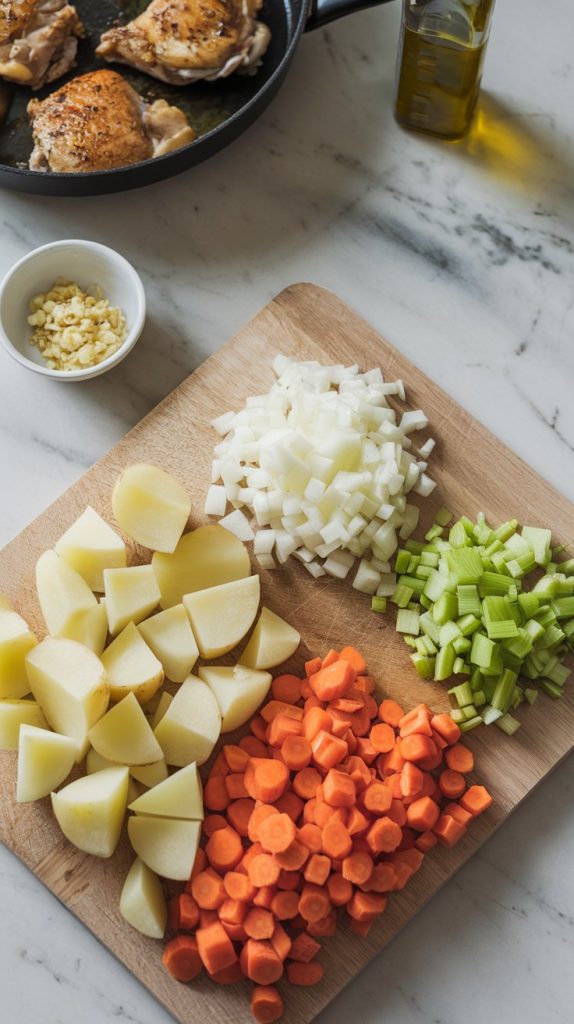 shot of chopped potatoes, carrots, celery, and a diced onion on a wooden cutting board