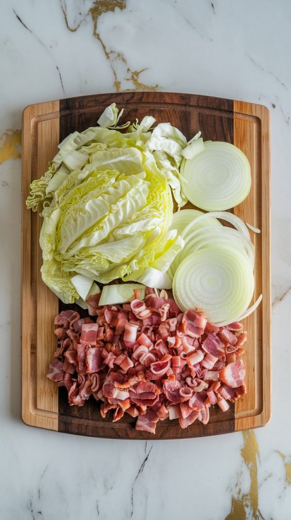 A wooden cutting board with chopped cabbage, thinly sliced onions, and bacon pieces