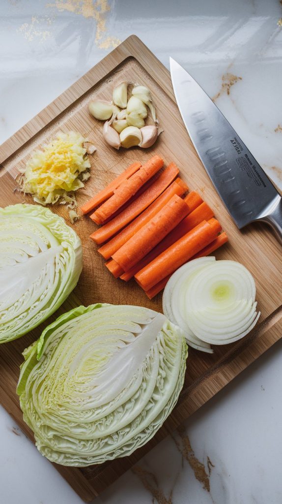 Freshly sliced cabbage, julienned carrots, and sliced onions neatly arranged